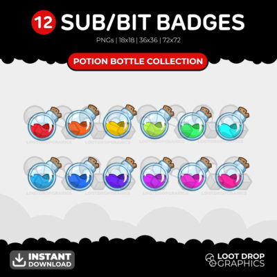 Rainbow Potion Bottles sub/bit badges for Twitch, YouTube and Discord