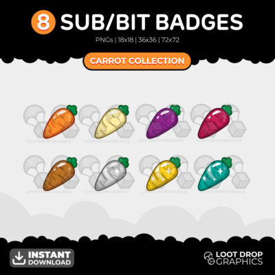 Carrot sub bit badges for content streamers on Twitch, YouTube and Discord