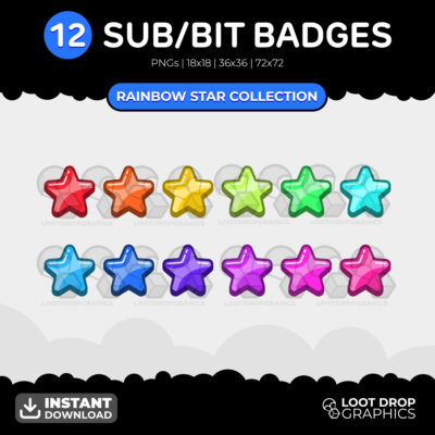 Rainbow Stars sub/bit badges for use on Twitch, YouTube and Discord